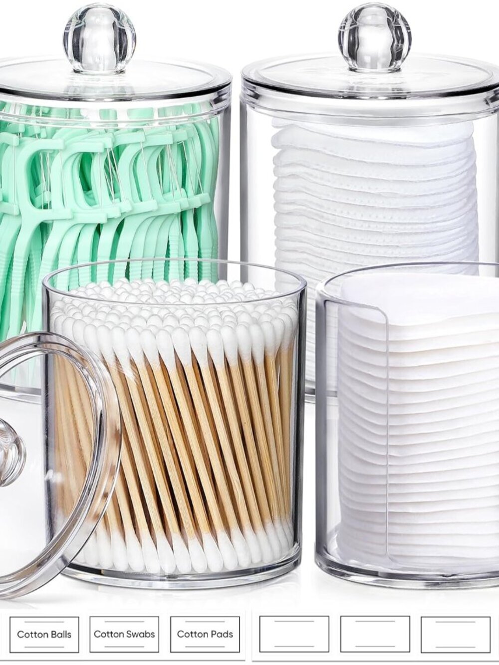 4 Pcs Acrylic Qtip Holder Dispenser for Cotton Swabs, Balls, Floss Picks